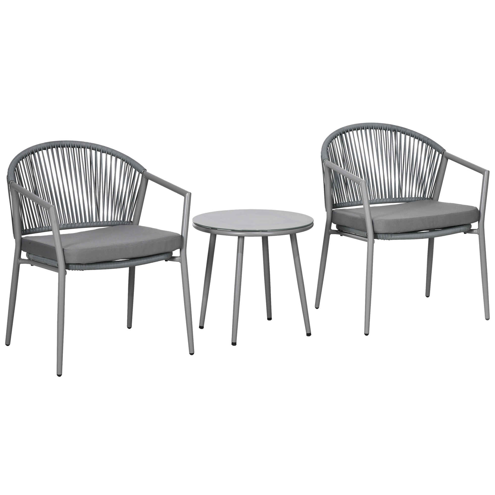Conjunto de Jardín Exterior de 3 Piezas Juego de 2 Sillas y Mesa de Ratán con Cojines Acolchados y Encimera de Vidrio para Balcón Terraza Gris