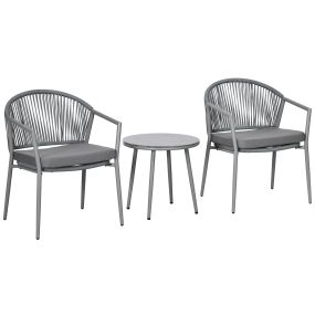 Conjunto de Jardín Exterior de 3 Piezas Juego de 2 Sillas y Mesa de Ratán con Cojines Acolchados y Encimera de Vidrio para Balcón Terraza Gris