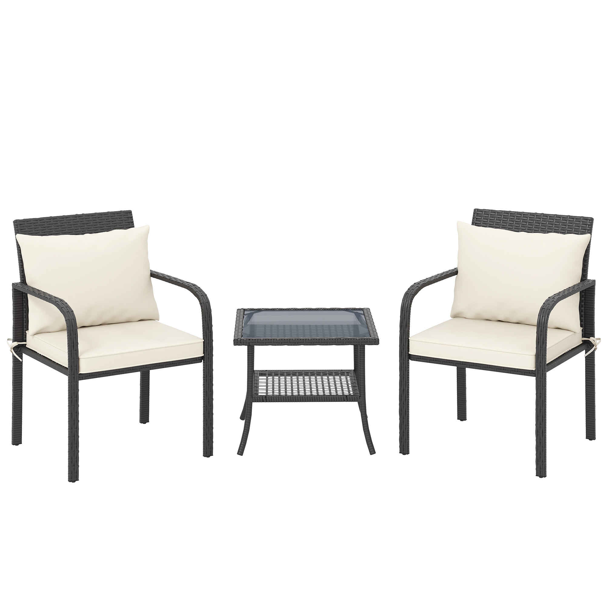 Conjunto de Jardín Exterior de 3 Piezas Muebles de Jardín con 2 Sillas con Cojines Extraíbles Lavables y Mesa Terraza con Estante Tablero de Vidrio Templado para Balcón Patio Marrón y Crema