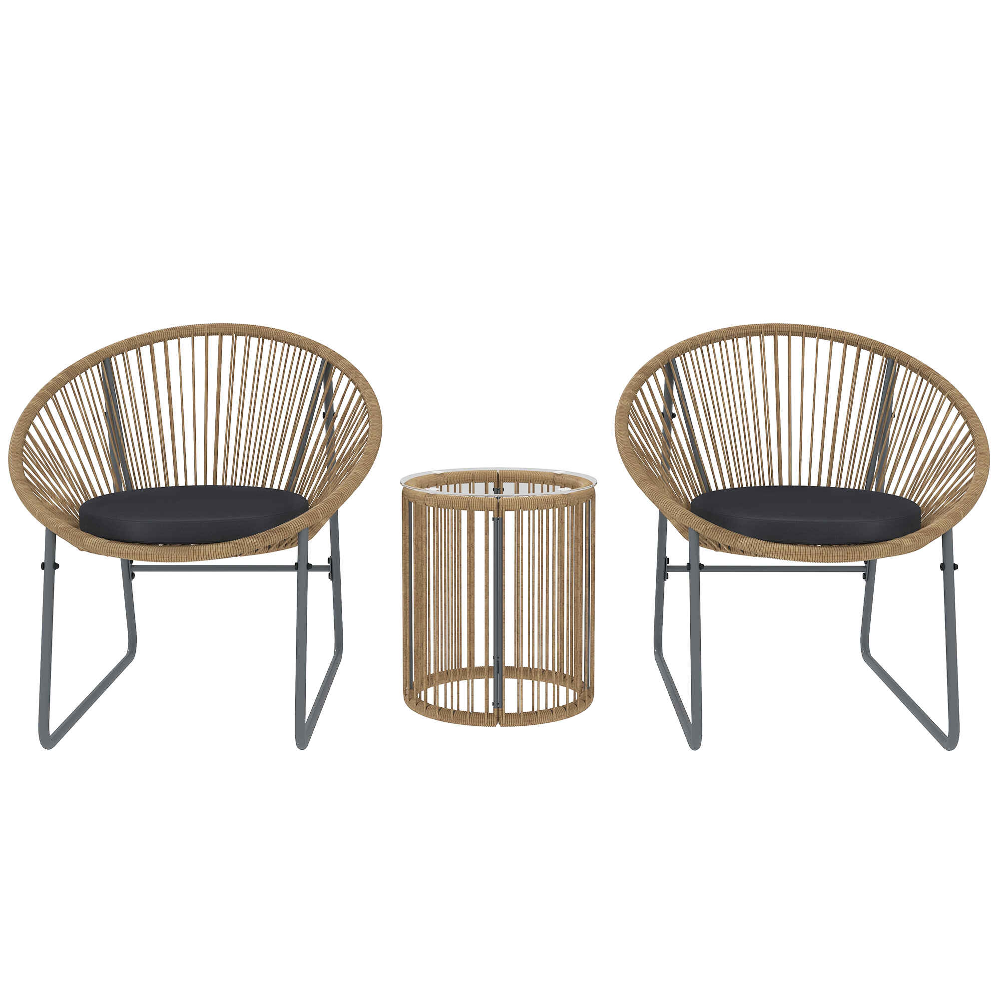 Conjunto de Jardín Exterior de 3 Piezas Juego de 2 Sillas y Mesa de Ratán con Cojines Acolchados y Encimera de Vidrio Templado para Balcón Terraza Natural