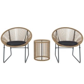 Conjunto de Jardín Exterior de 3 Piezas Juego de 2 Sillas y Mesa de Ratán con Cojines Acolchados y Encimera de Vidrio Templado para Balcón Terraza Natural
