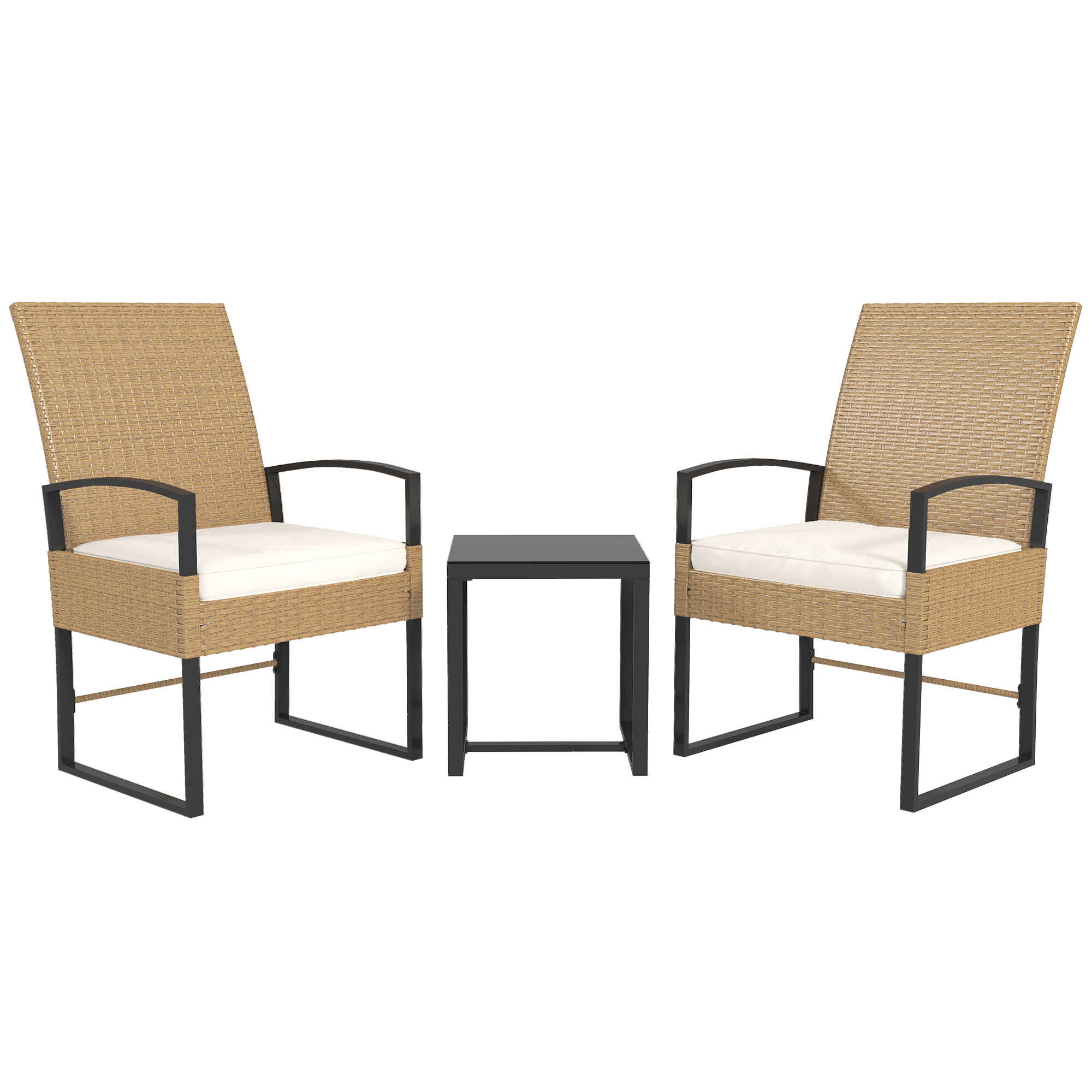 Conjunto de Jardín Exterior de 3 Piezas con Respaldo Ajustable Juego de 2 Sillas y Mesa de Ratán con Cojines Acolchados y Encimera de Vidrio Templado para Balcón Terraza Beige y Blanco