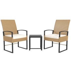 Conjunto de Jardín Exterior de 3 Piezas con Respaldo Ajustable Juego de 2 Sillas y Mesa de Ratán con Cojines Acolchados y Encimera de Vidrio Templado para Balcón Terraza Beige y Blanco
