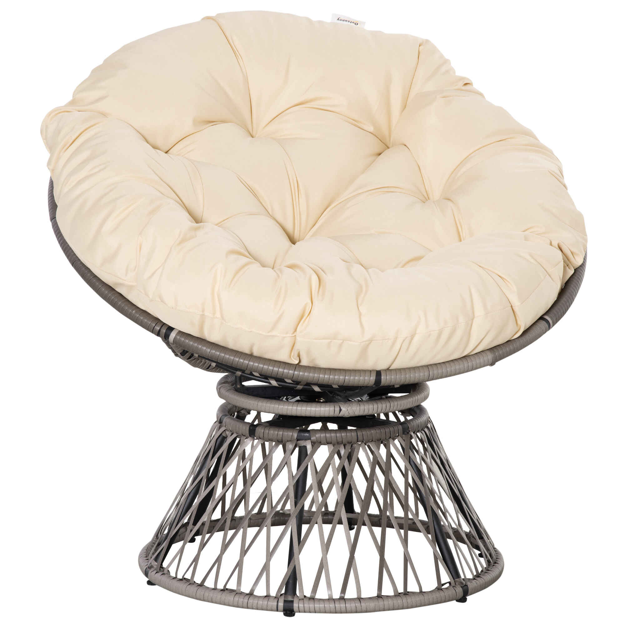 Sillón Papasan Giratorio de Ratán Sintético Silla Ovalada de Mimbre PE con Cojín y Marco de Acero Carga 160 kg para Jardín Patio Terraza 87x97x90 cm Gris y Crema