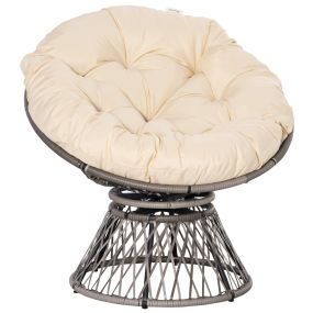 Sillón Papasan Giratorio de Ratán Sintético Silla Ovalada de Mimbre PE con Cojín y Marco de Acero Carga 160 kg para Jardín Patio Terraza 87x97x90 cm Gris y Crema