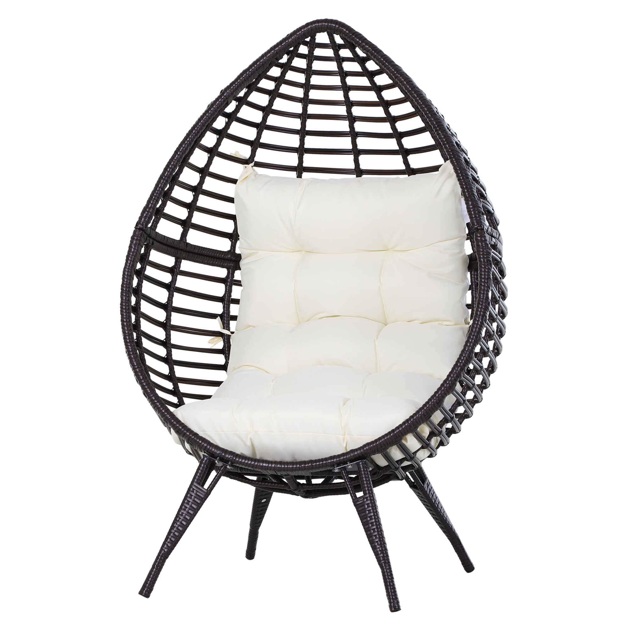 Sillón de Ratán Balcón en Forma de Lágrima Sillón de Jardín con Cojín Acolchado de Algodón PP Estilo Moderno para Exterior e Interior Carga 160 kg 101x89x156 cm Marrón y Crema