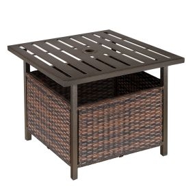 Mesa de Comedor Exterior de Ratán Mesa Auxiliar con Orificio para Sombrilla de Acero con Mesa Cuadrada para Jardín Terraza Patio 55,5x55,5x46 cm Marrón