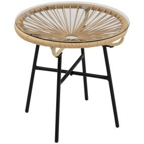 Mesa de Jardín de Ratán Sintético Mesa de Centro Redonda para Exteriores con Tablero de Vidrio Templado y Patas de Metal para Patio Balcón Ø50x50 cm Beige