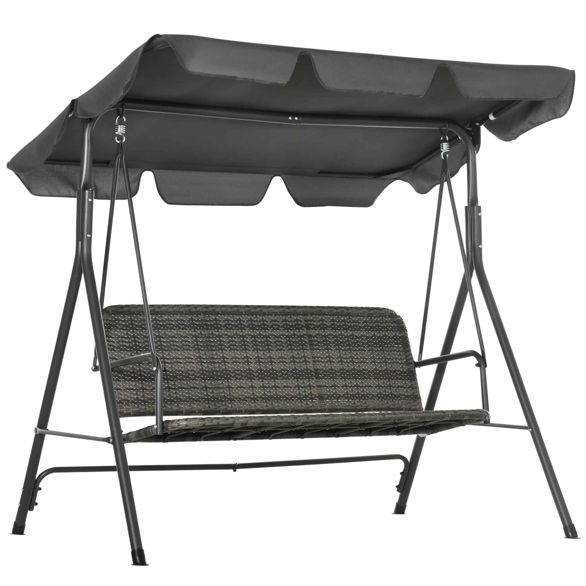 Columpio de Jardín Exterior de 3 Plazas Balancín de Jardín Exterior con Toldo Ajustable Asiento de Ratán PE y Reposabrazos para Balcón Terraza Patio Carga 240 kg 167x112x153 cm Gris