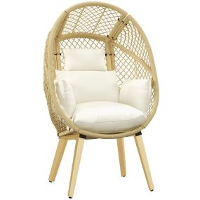 Sillón de Ratán Sintético Silla de Terraza en Forma de Huevo con Reposacabezas Acolchado y Cojín Carga 160 kg para Jardín Balcón 88x85x143 cm Natural y Crema