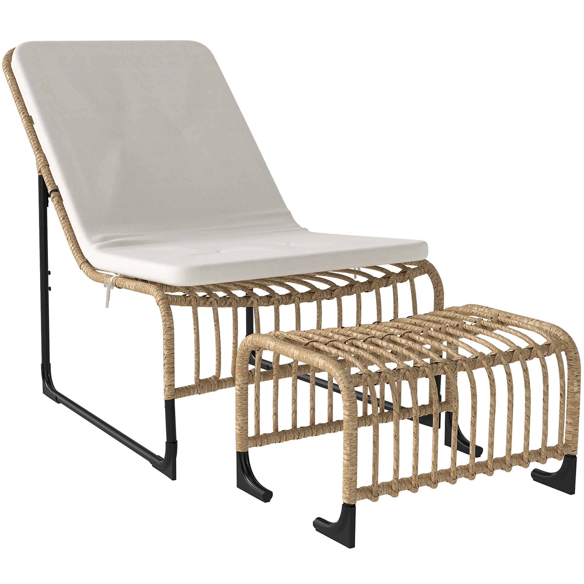 Conjunto de Sillón de Jardín con Reposapiés de Ratán Sintético Sillón para Exterior con Cojín Acolchado y Estructura de Acero Natural y Beige
