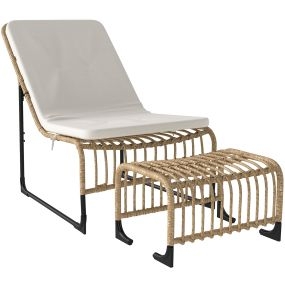 Conjunto de Sillón de Jardín con Reposapiés de Ratán Sintético Sillón para Exterior con Cojín Acolchado y Estructura de Acero Natural y Beige
