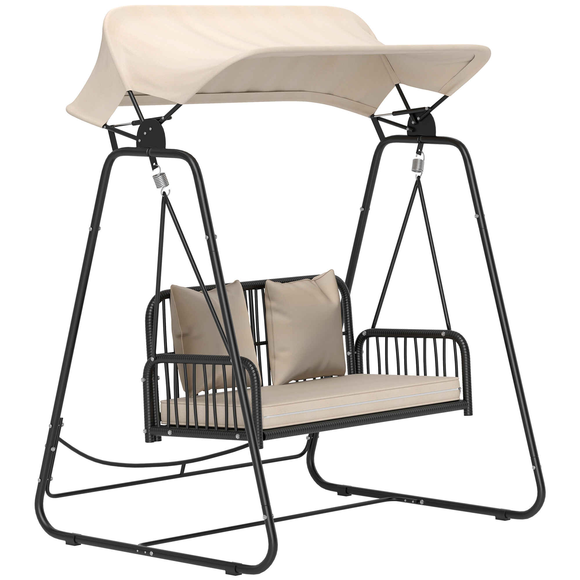 Columpio de Jardín de 2 Plazas Balancín de Jardín Exterior con Toldo Retráctil Cojines y Estructura de Acero con Ratán PE Anti-UV para Balcón Terraza Patio Carga 240 kg 149x121x180 cm Caqui