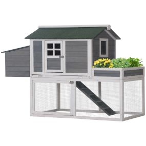 Gallinero Exterior de Madera Recinto con Nido y Corral Bandeja Extraíble Ventana de Malla Rampa Área de Cultivo 160x80x110 cm Gris y Blanco
