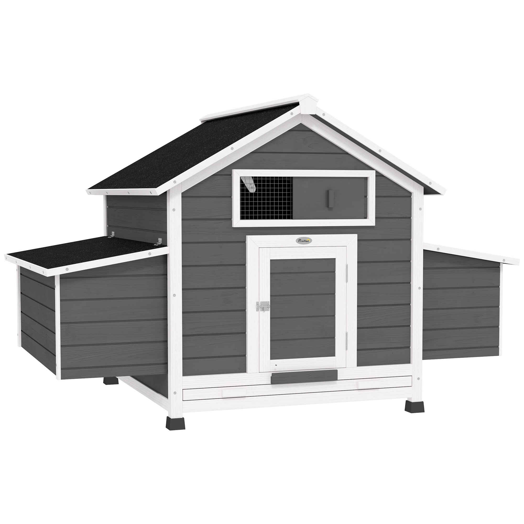 Gallinero para Exterior Gallinero de Madera para 2-4 Gallinas con 2 Nidos Bandeja Extraíble Techo Abatible 150x100x96,5 cm Gris y Blanco