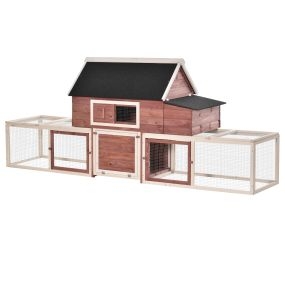 Gallinero Exterior de Madera con 2 Recintos para Correr Personalizables y Caja Nido Rampa Techo de Asfalto 290x71x119 cm Rojo