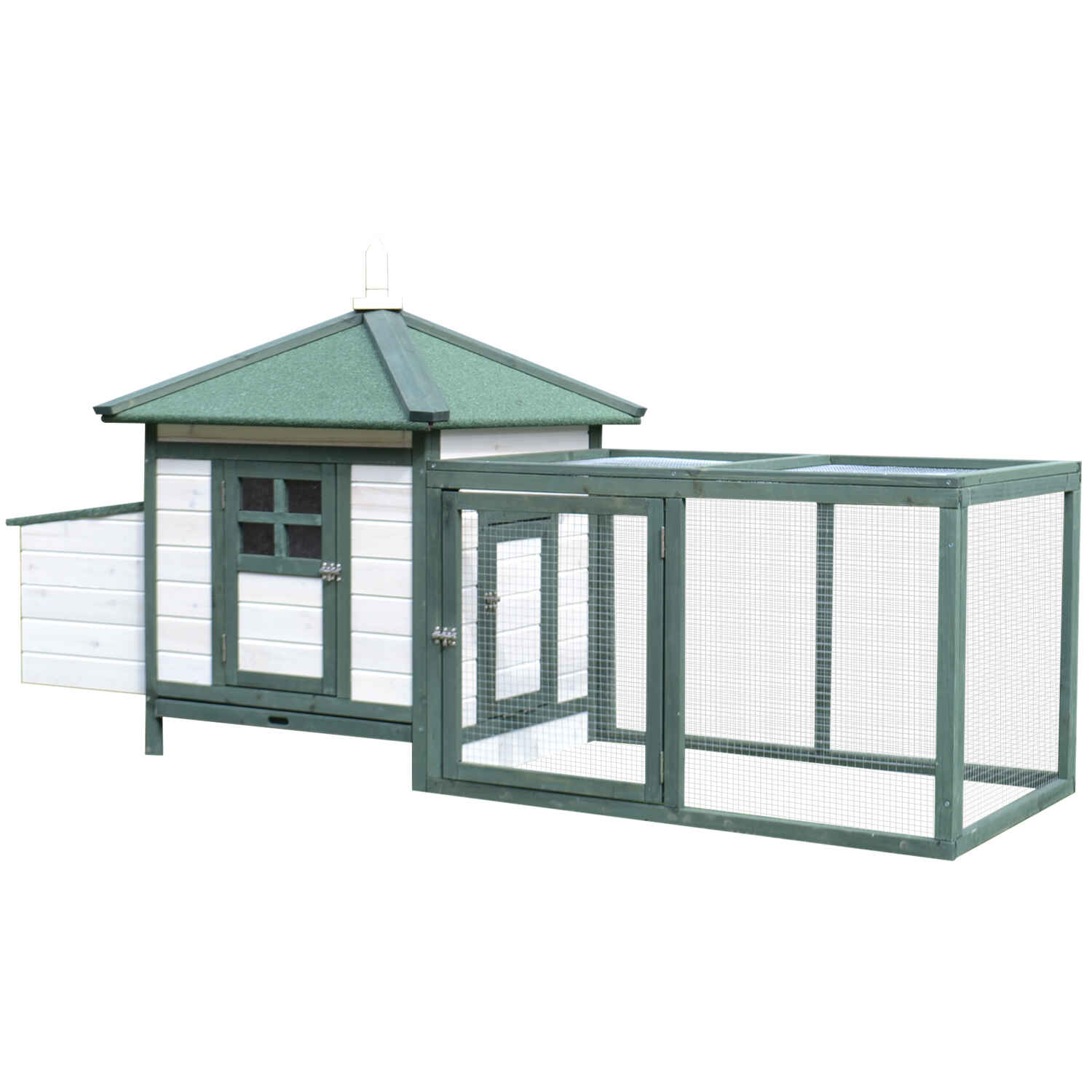 Gallinero de Madera de Pino Refugio Jaula para Gallinas Pollos Exterior con Caja Nido Bandeja Extraíble y Espacio para Correr 196x76x97 cm Verde y Blanco