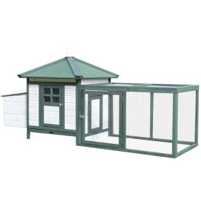 Gallinero de Madera de Pino Refugio Jaula para Gallinas Pollos Exterior con Caja Nido Bandeja Extraíble y Espacio para Correr 196x76x97 cm Verde y Blanco
