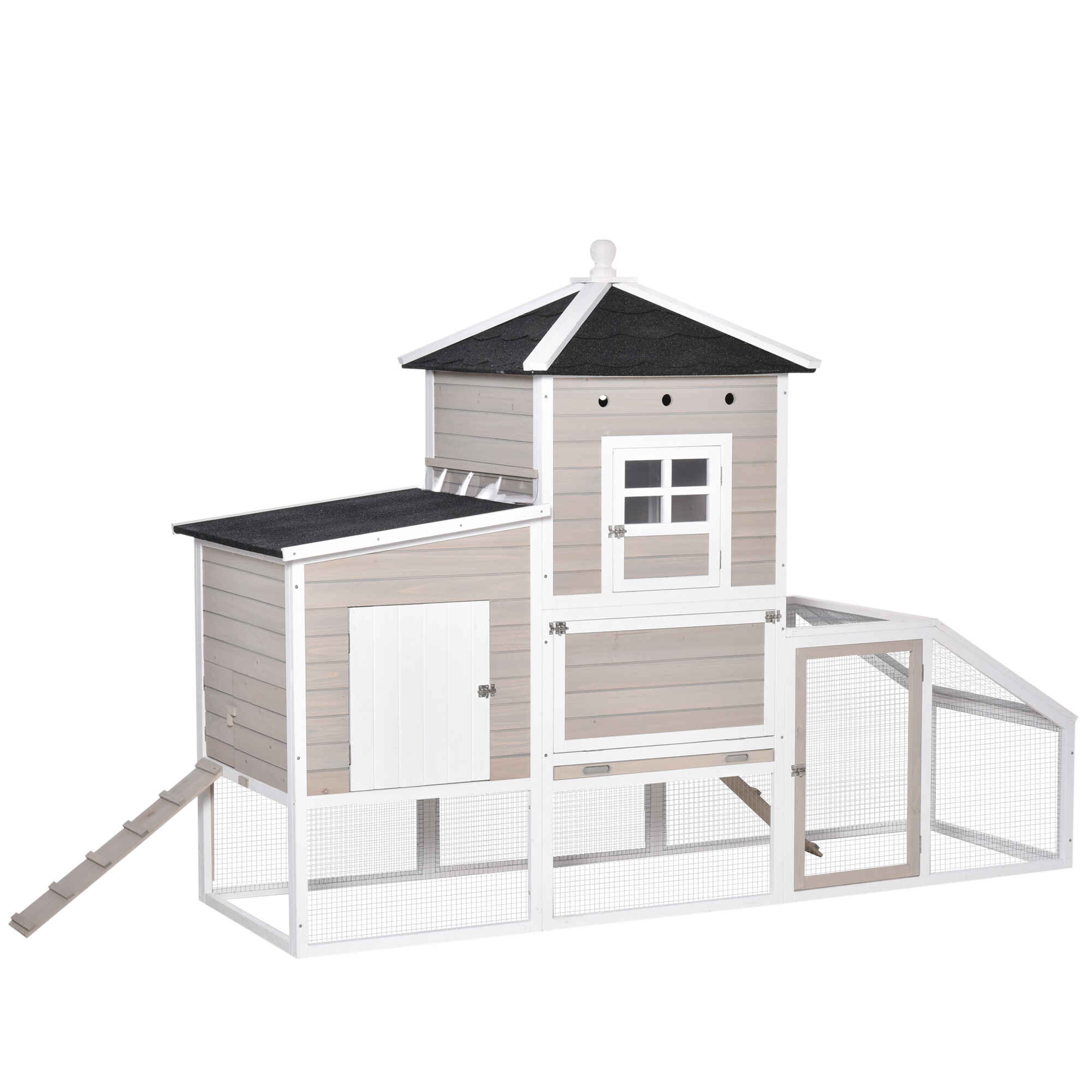 Gallinero de Madera para Exterior Jaula Grande para Gallinas Pollos con Caseta de 2 Niveles Zona Abierta Nido Bandeja Extraíble y Techo Asfáltico 235x83x171 cm Gris