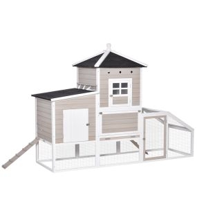 Gallinero de Madera para Exterior Jaula Grande para Gallinas Pollos con Caseta de 2 Niveles Zona Abierta Nido Bandeja Extraíble y Techo Asfáltico 235x83x171 cm Gris