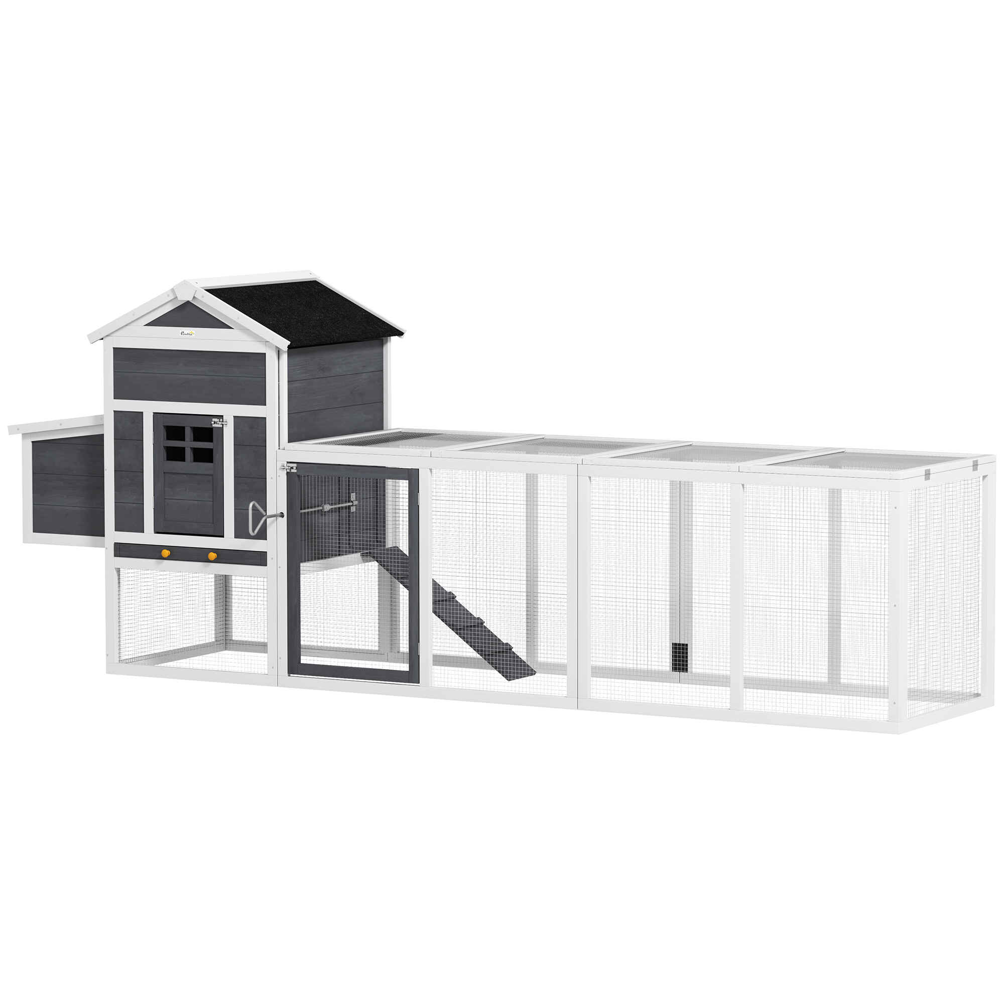 Gallinero para Exterior Gallinero de Madera Jaula Grande para 3-6 Gallinas con Ponedero Techo Asfáltico Bandeja Extraíble y Rampa 297,5x68x118 cm Gris y Blanco