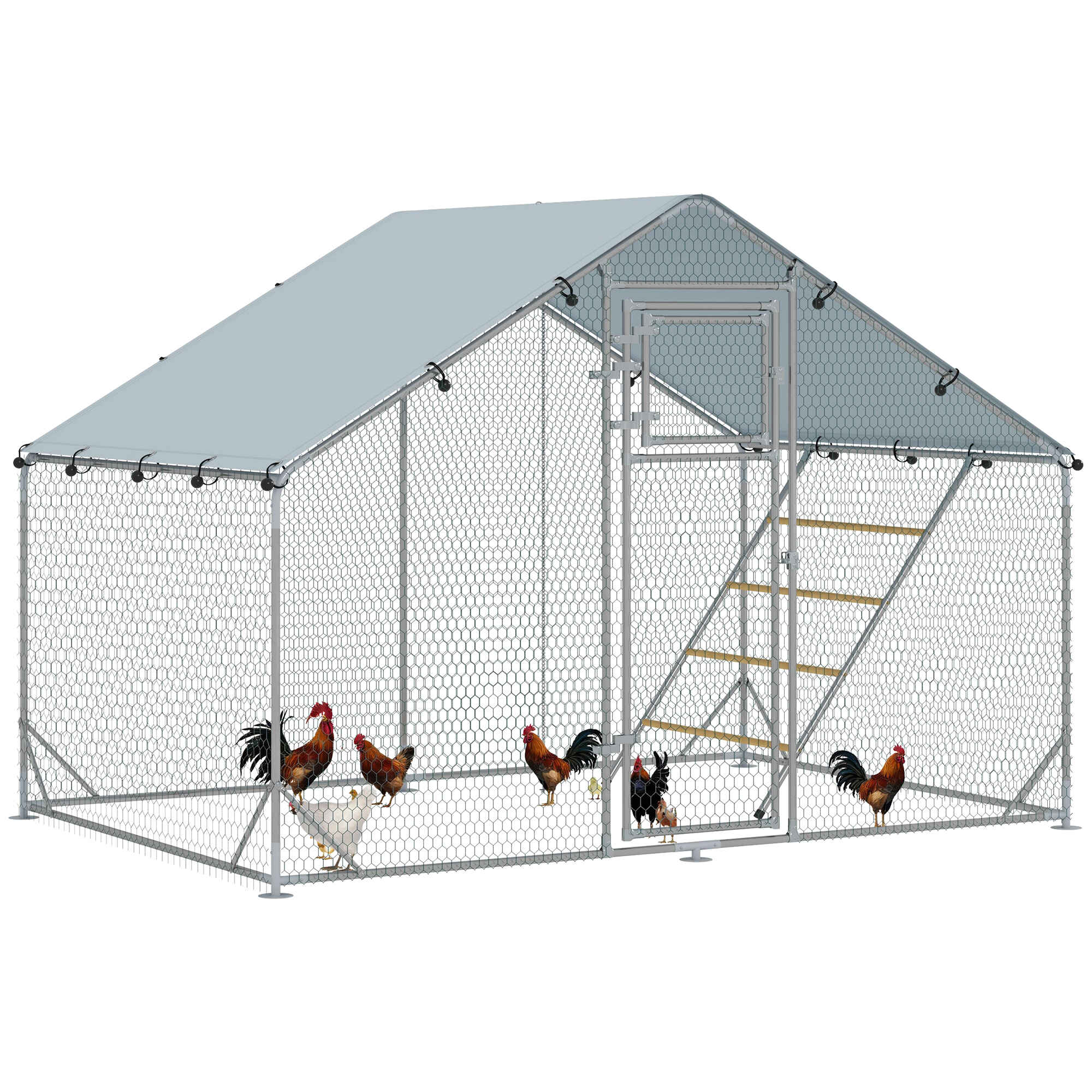 Gallinero para Exterior 3x2x2 m Gallinero de Acero Galvanizado con Comedero Colgante Tipo Brocheta Percha Cubierta Anti-UV e Impermeable para Conejos Patos Gansos Plata