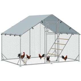 Gallinero para Exterior 3x2x2 m Gallinero de Acero Galvanizado con Comedero Colgante Tipo Brocheta Percha Cubierta Anti-UV e Impermeable para Conejos Patos Gansos Plata