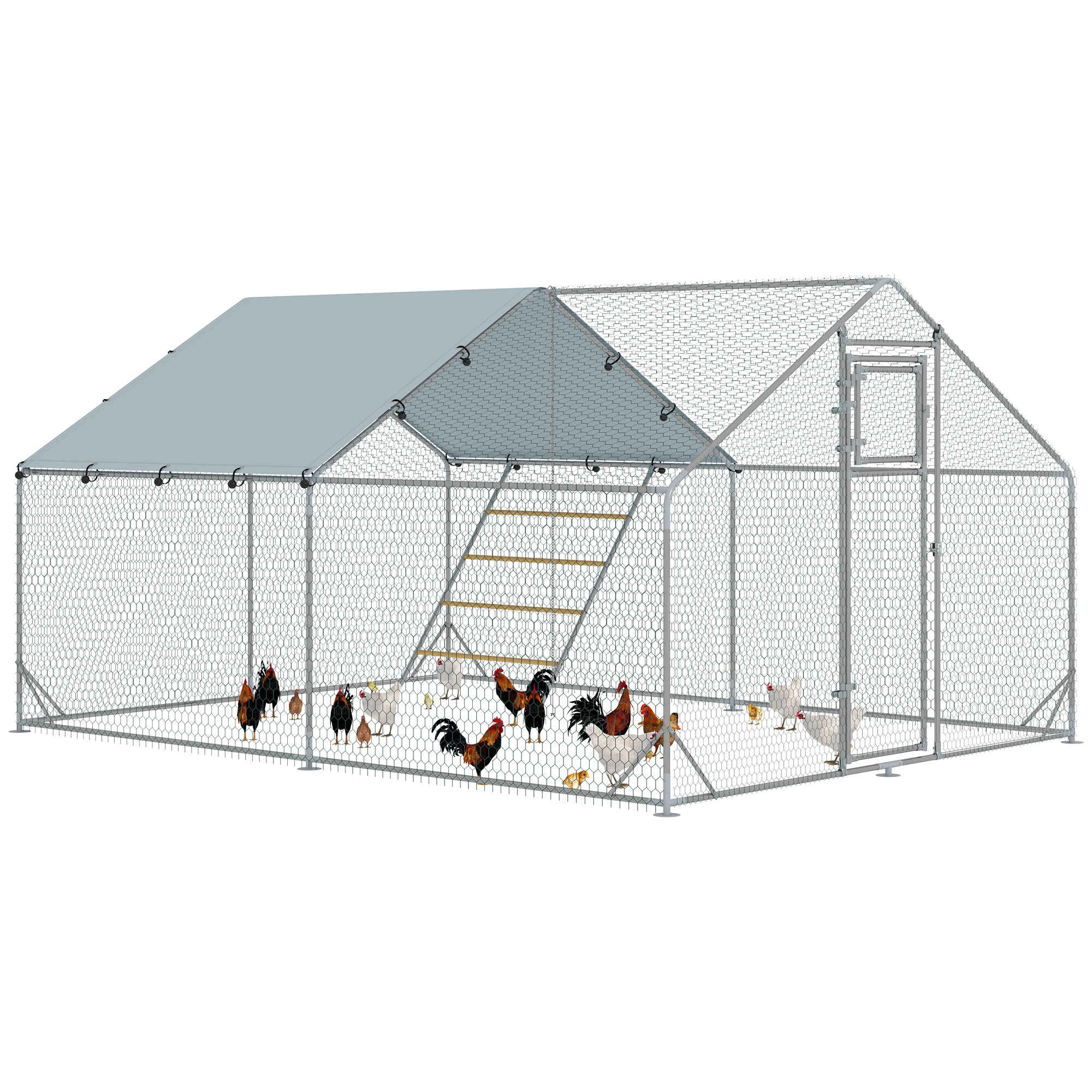 Gallinero para Exterior 3x4x2 m Gallinero de Acero Galvanizado con Comedero Colgante Tipo Brocheta Percha Cubierta Anti-UV e Impermeable para Conejos Patos Gansos Plata