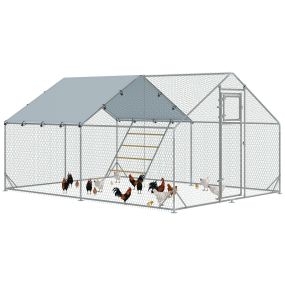 Gallinero para Exterior 3x4x2 m Gallinero de Acero Galvanizado con Comedero Colgante Tipo Brocheta Percha Cubierta Anti-UV e Impermeable para Conejos Patos Gansos Plata
