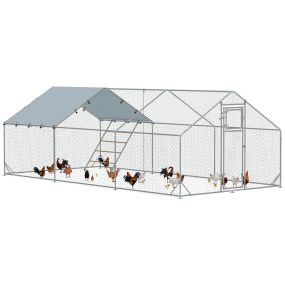 Gallinero para Exterior 3x6x2 m Gallinero de Acero Galvanizado con Comedero Colgante Tipo Brocheta Percha Cubierta Anti-UV e Impermeable para Conejos Patos Gansos Plata