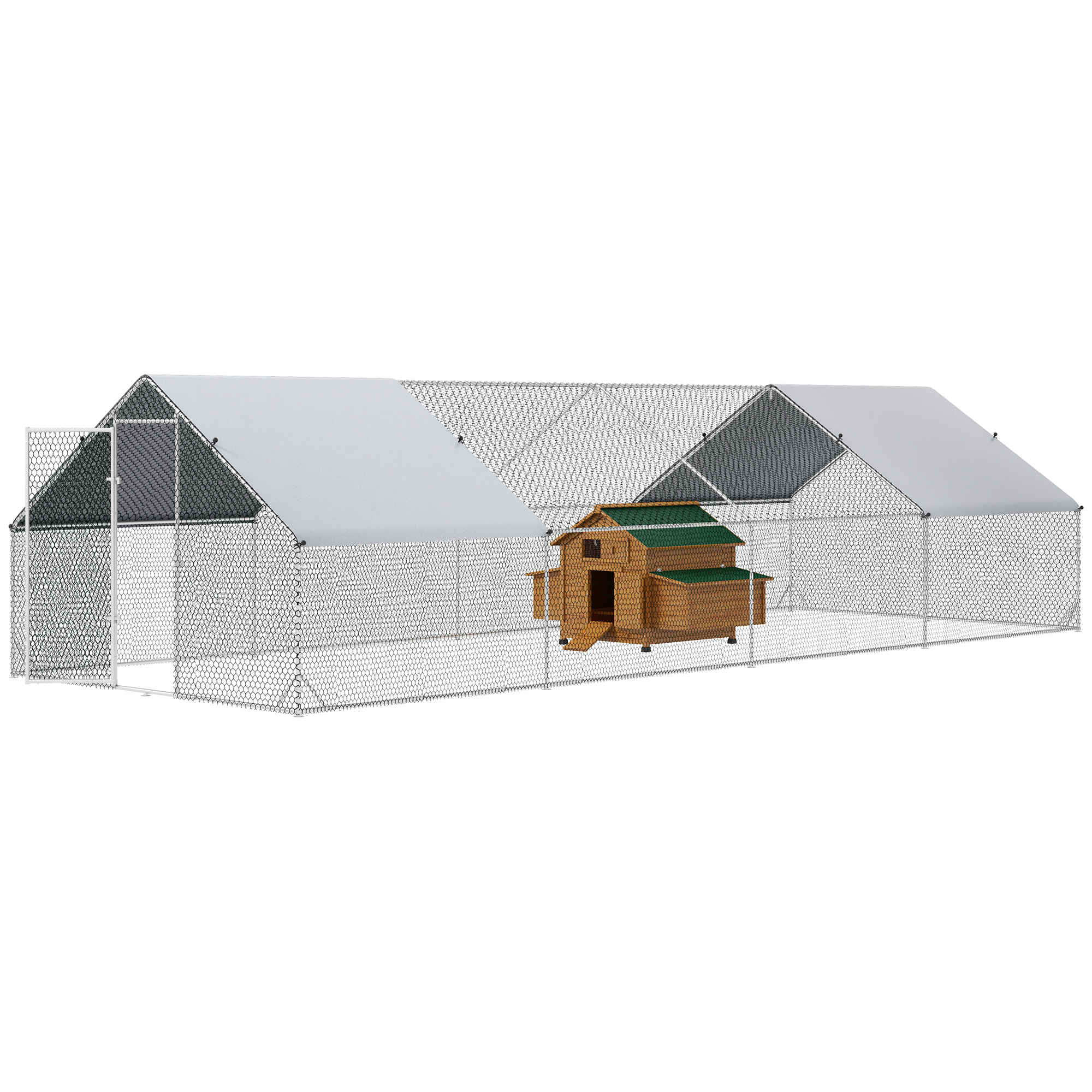 Conjunto de 1 Gallinero de Madera con 2 Nidos Bandeja Extraíble 150x100x96,5 cm y 1 Gallinero para Exterior Grande de Acero Galvanizado 3x8x2 m