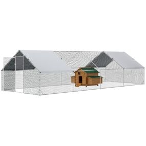 Conjunto de 1 Gallinero de Madera con 2 Nidos Bandeja Extraíble 150x100x96,5 cm y 1 Gallinero para Exterior Grande de Acero Galvanizado 3x8x2 m