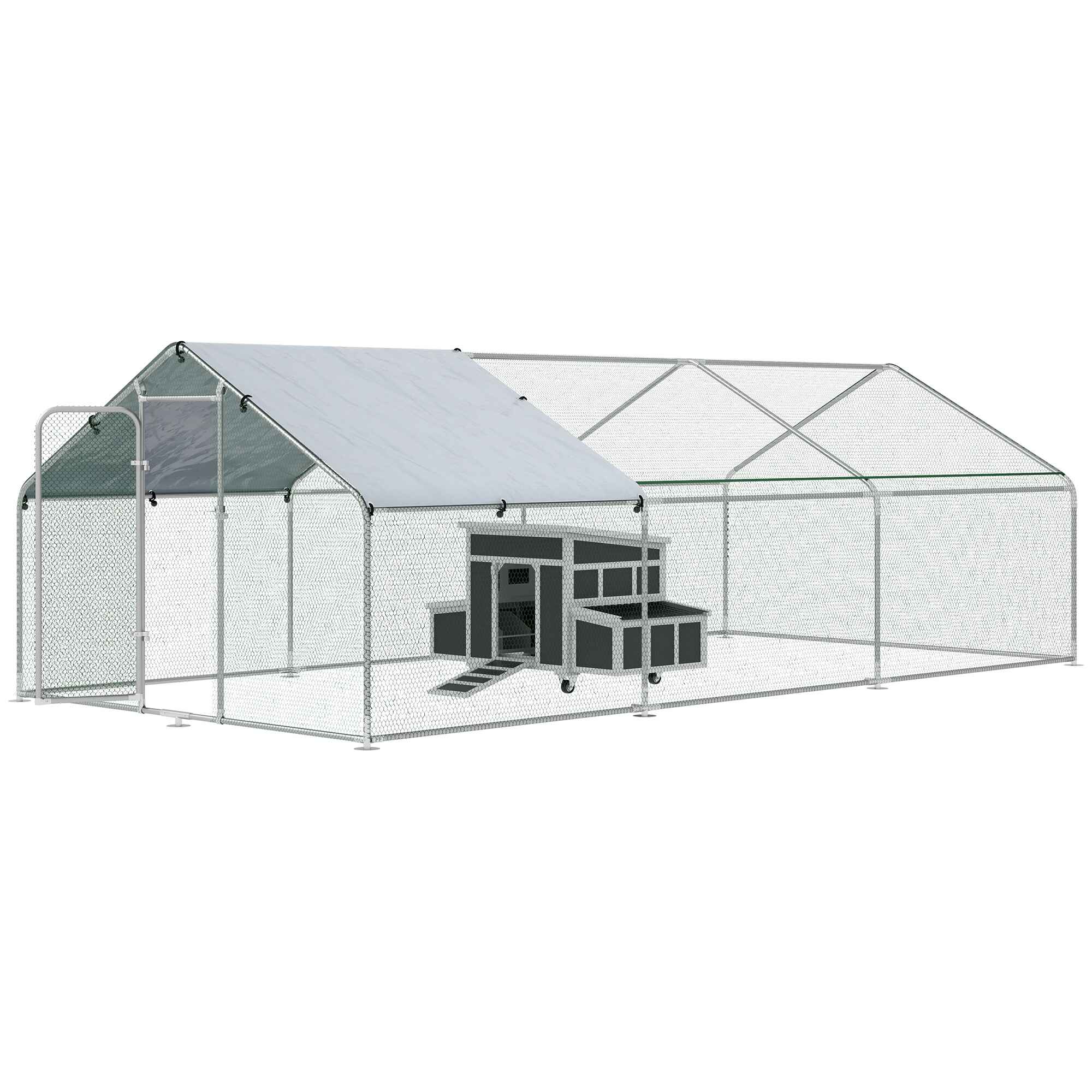 Conjunto de 1 Gallinero de Madera con Bandeja Extraíble y Perchas 147x93,5x89,5 cm y 1 Gallinero para Exterior Grande de Metal Galvanizado 3x6x2 m