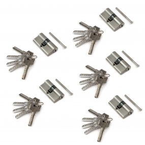 Cilindro cerradura tipo pera para puertas, 30+30 mm, leva larga, 5 llaves, aluminio, níquel satinado, 5 sets.