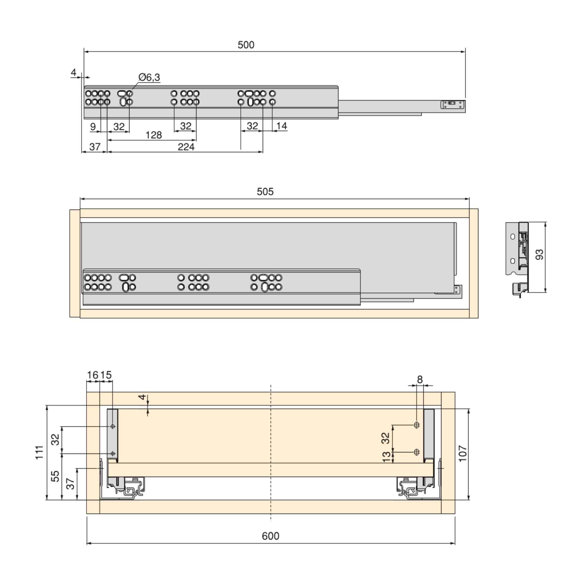 Kit de cajón para cocina o baño Vertex de altura 93 mm con tableros incluidos., 600, Pintado blanco, Varios