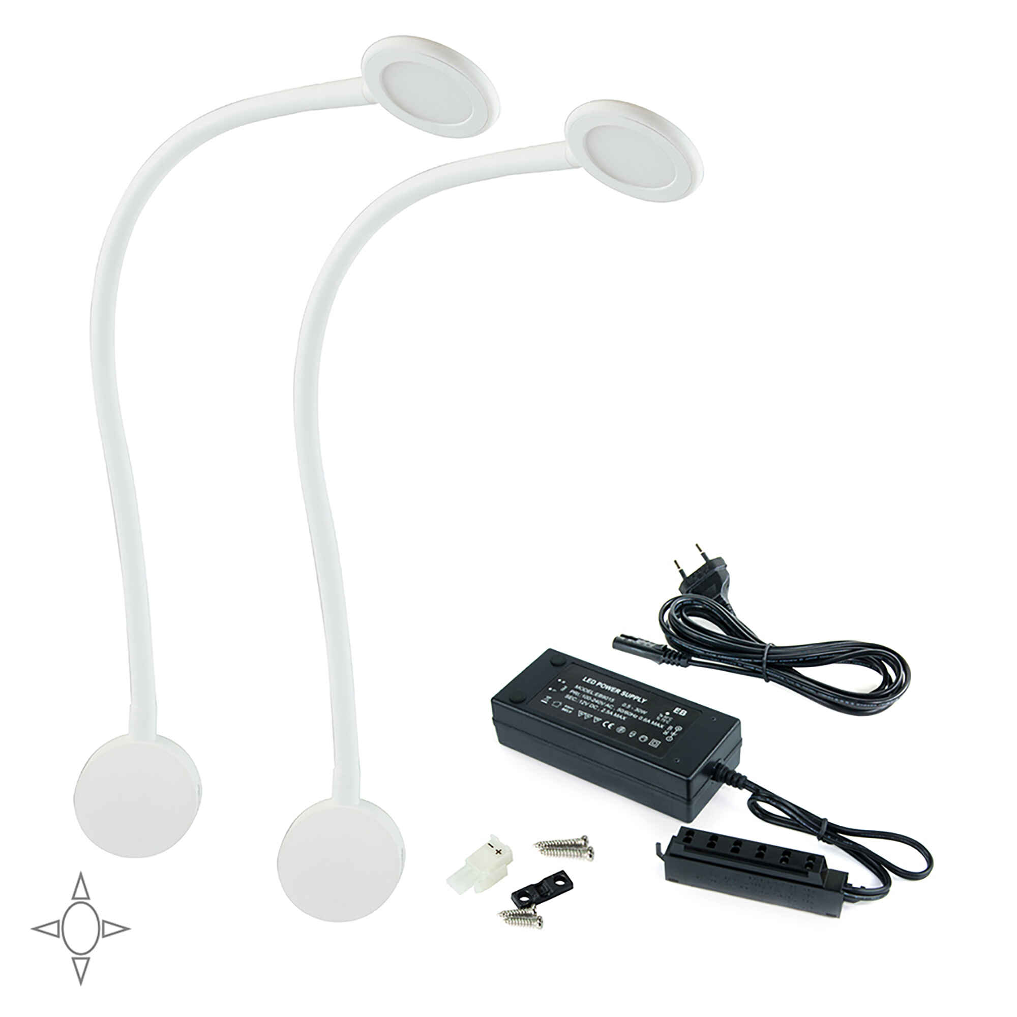 Aplique LED Kuma redondo, brazo flexible, sensor táctil, 2 USB, Luz blanca natural, Plástico, Blanco, 2 ud.