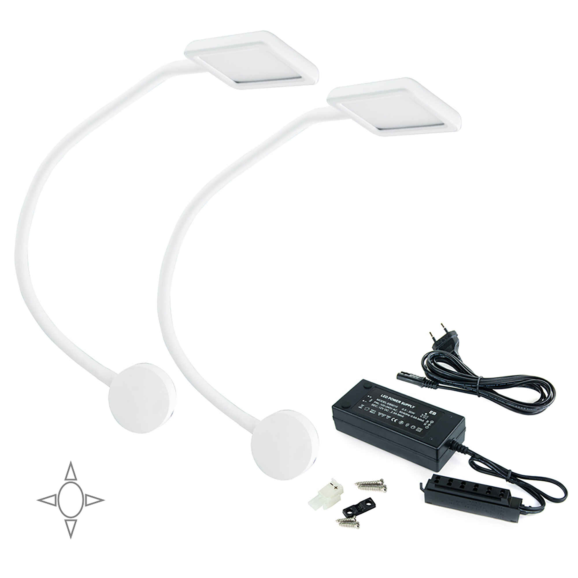 Aplique LED Kuma cuadrado, brazo flexible, sensor táctil, 2 USB, Luz blanca natural, Plástico, Blanco, 2 ud.