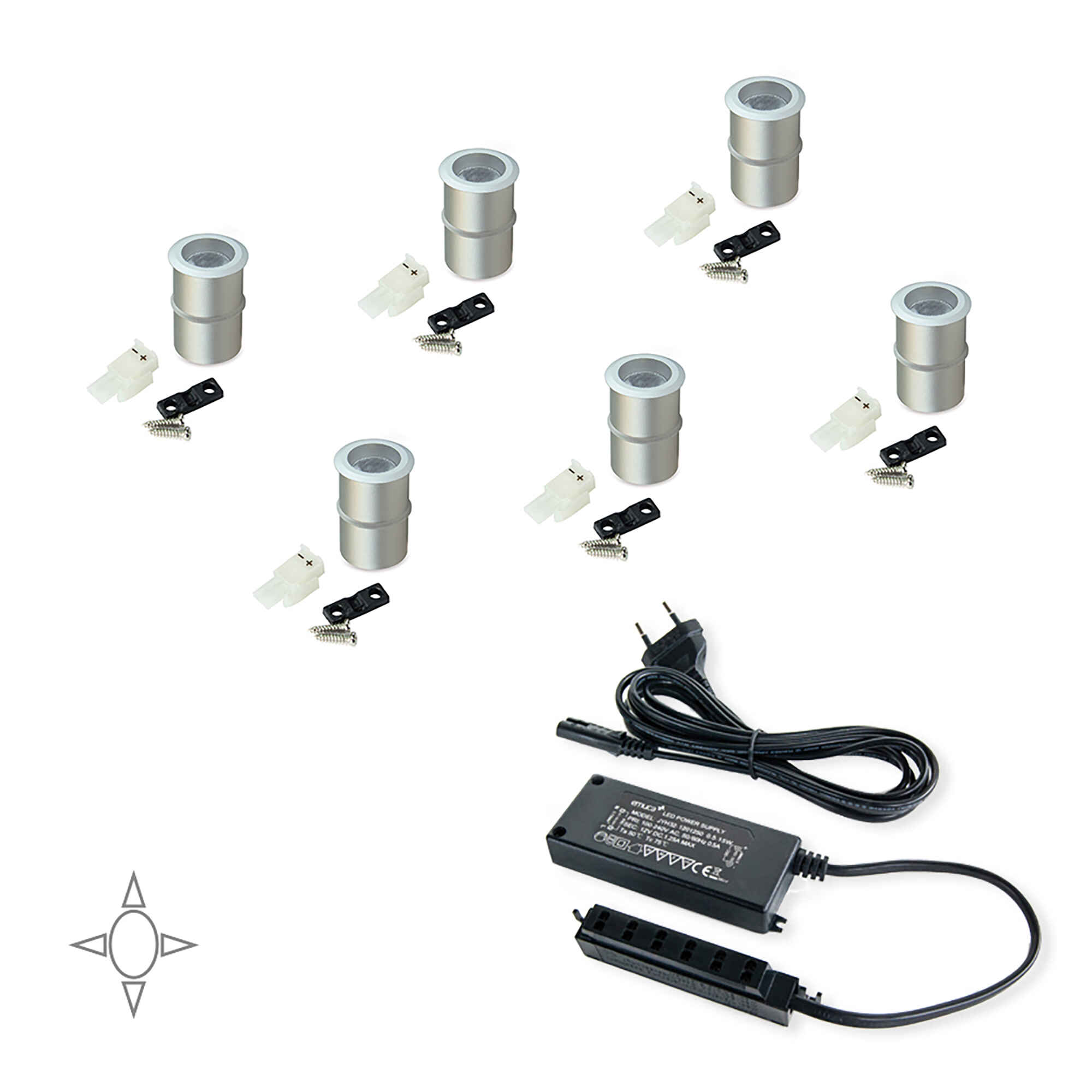 Luz LED, D. 18 mm, empotrables, convertidor 15 W, Luz blanca natural, Aluminio, Anodizado mate, 6 ud.