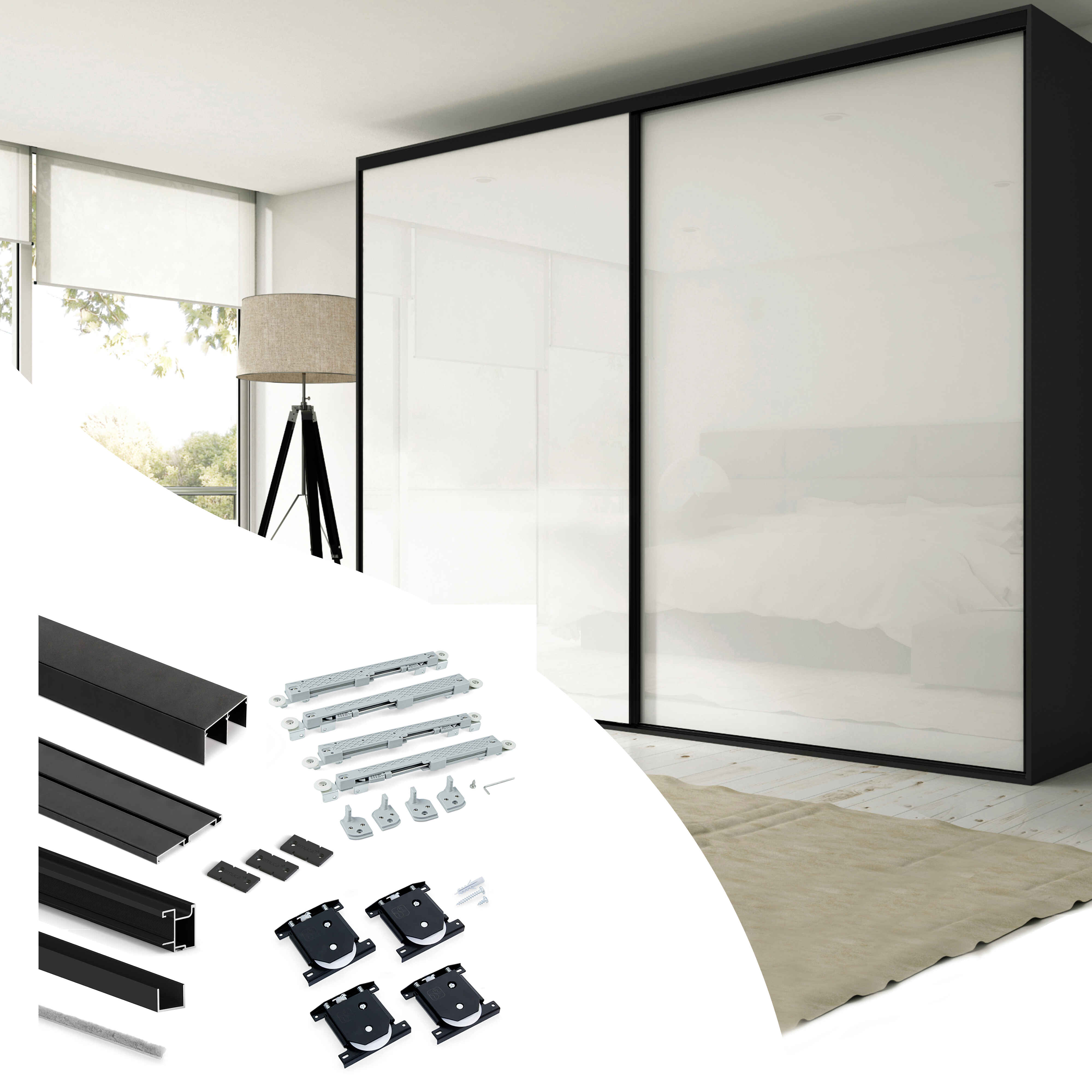 Kit de herrajes para armario de 2 puertas correderas y cierre suave Placard 74, perfil Sharp, espesor 16mm, tableros no incluidos, Pintado negro