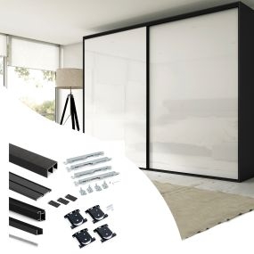 Kit de herrajes para armario de 2 puertas correderas y cierre suave Placard 74, perfil Sharp, espesor 16mm, tableros no incluidos, Pintado negro