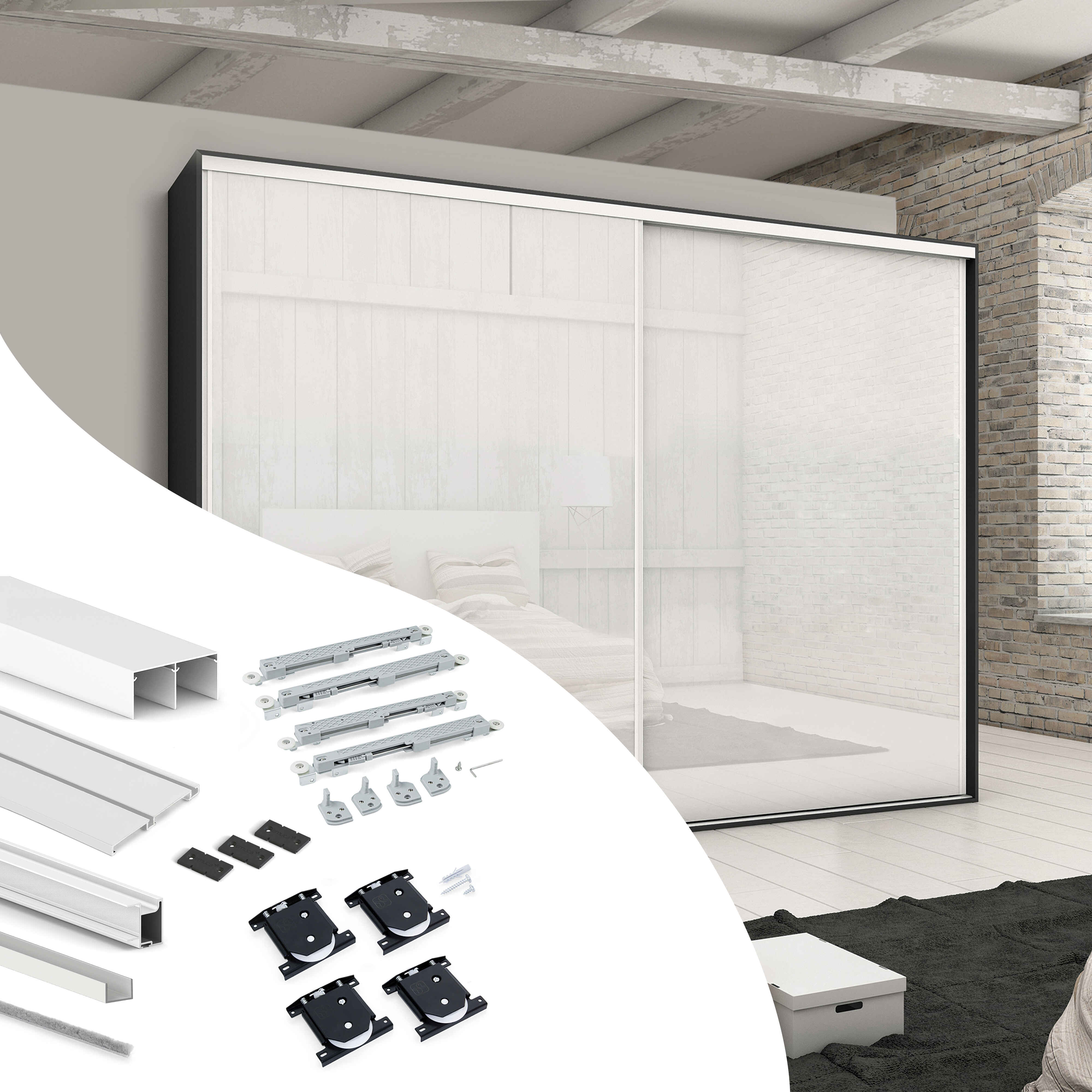 Kit de herrajes para armario de 2 puertas correderas y cierre suave Placard 74, modelo tirador Sharp, espesor 19mm, tableros no incluidos, Pintado blanco