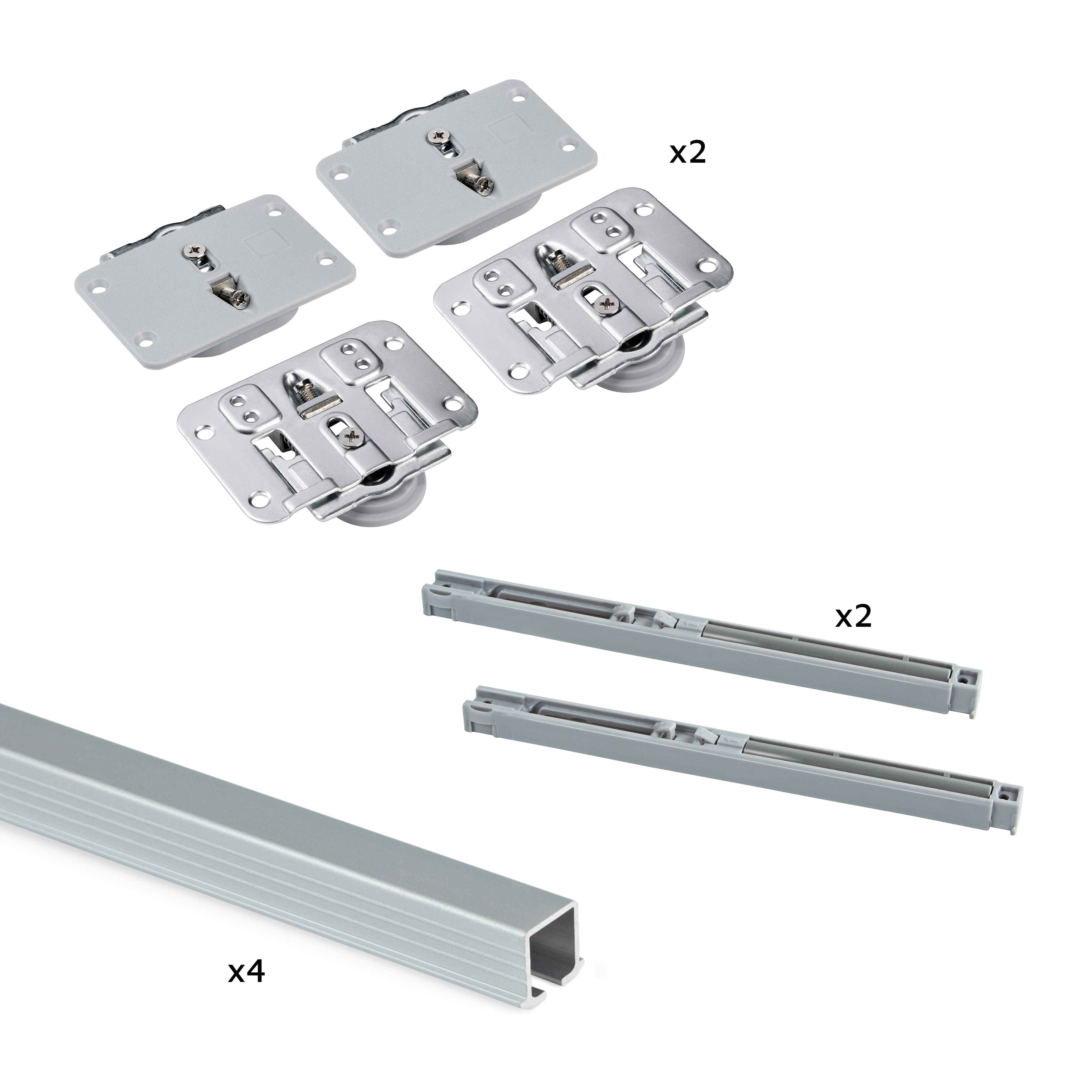 Sistema Flow en formato kit para un armario de 2 puertas correderas de madera apoyadas con cierre suave, Anodizado mate
