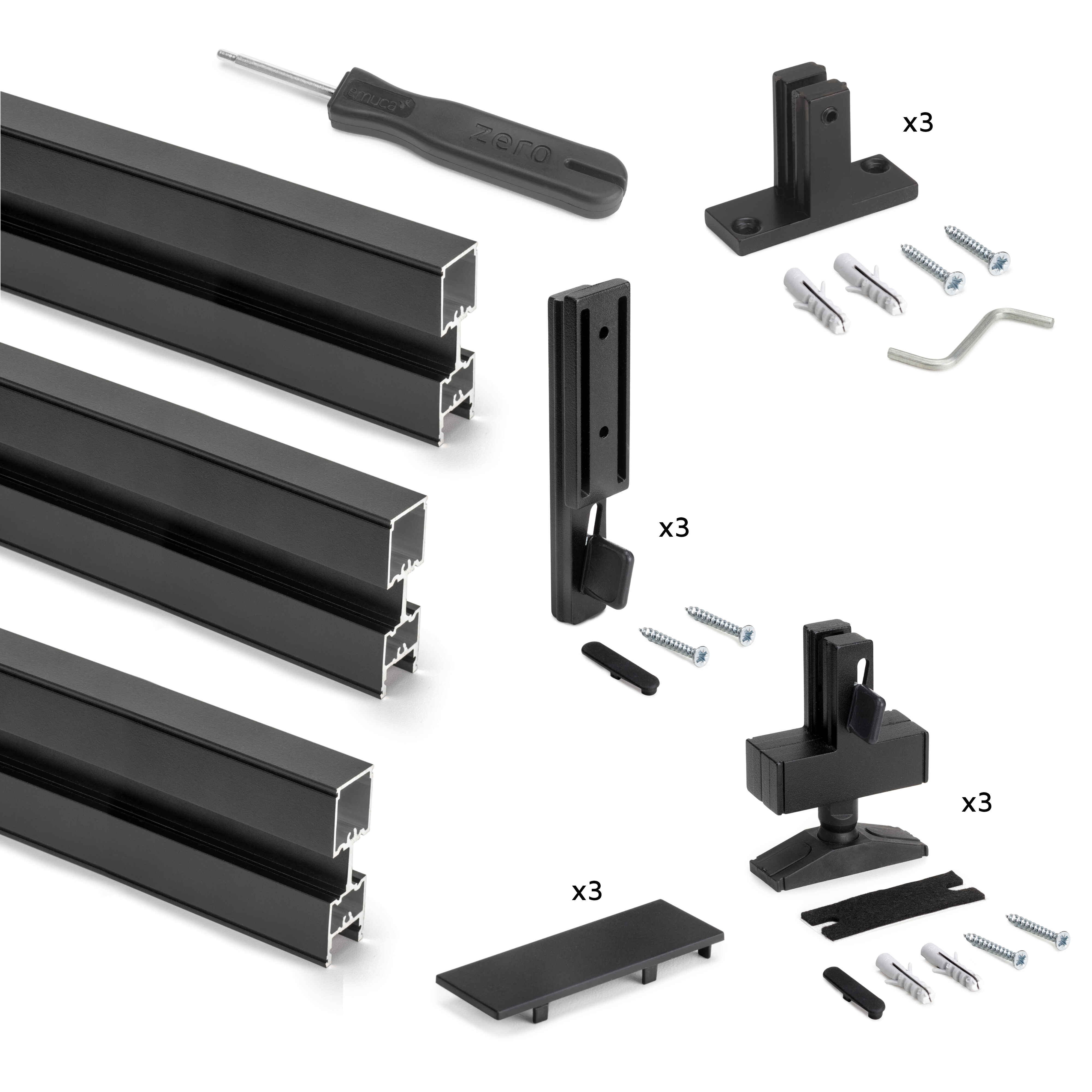 Kit estructura modular Zero con herrajes y perfiles para montaje en L, 3 Perfiles, Pintado negro texturizado