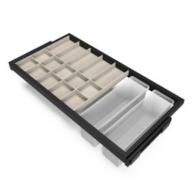 Kit de cajón organizador, bandeja auxiliar y bastidor de guías con cierre suave para armarios, regulable, módulo 900mm, Negro texturizado y gris piedra