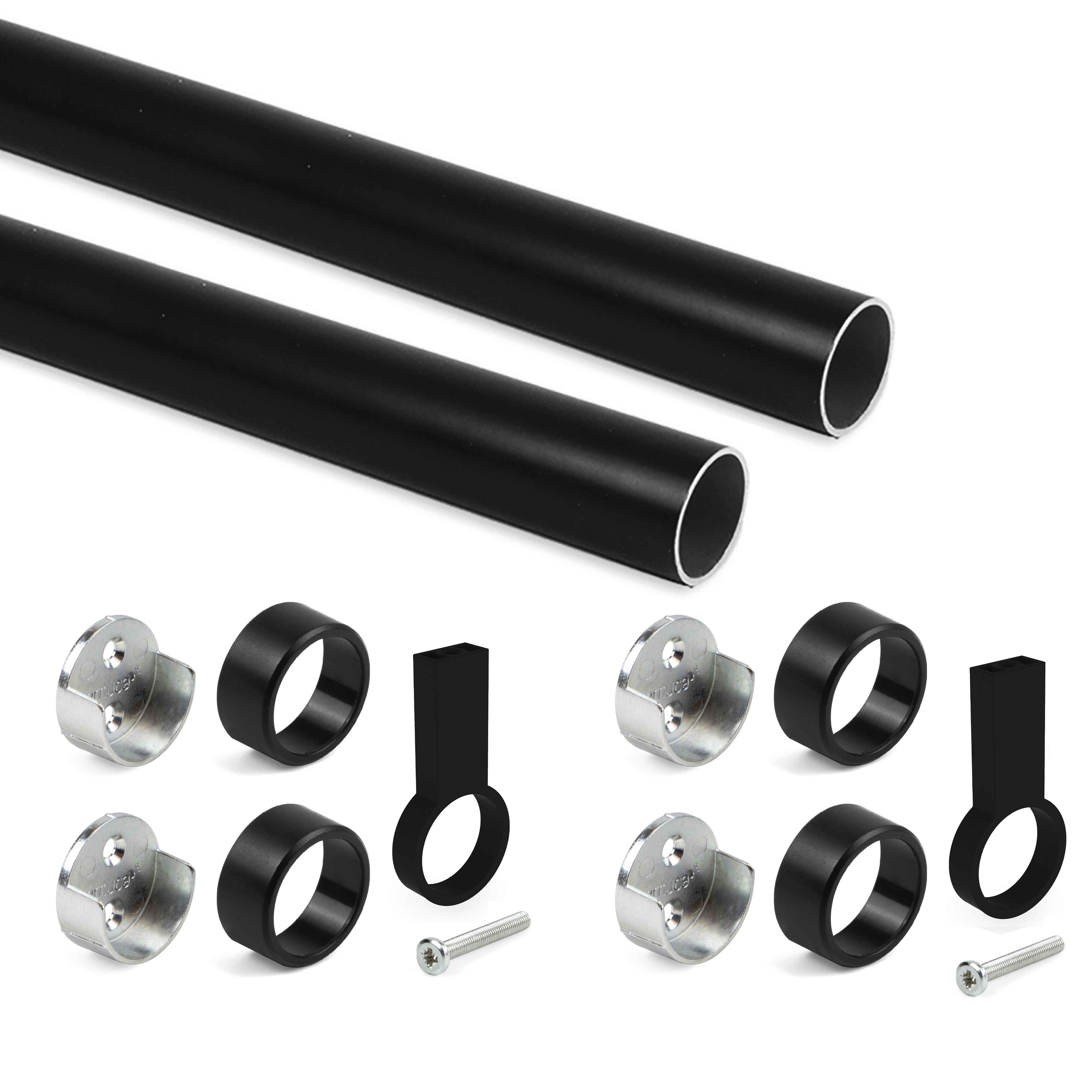 Kit de barra para armario redonda Ø28, 1,15 m, Pintado negro, Aluminio y Zamak