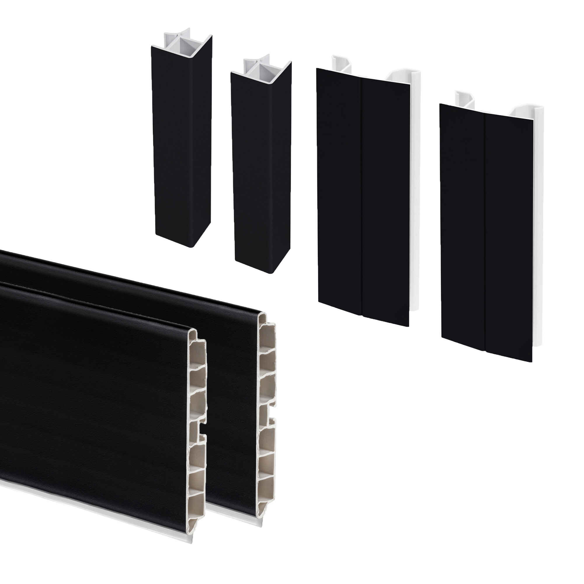 Kit de zócalos para cocina Plasline con accesorios de unión, Altura 100 mm, 2 barras de 2,35 m, Plástico negro, Plástico