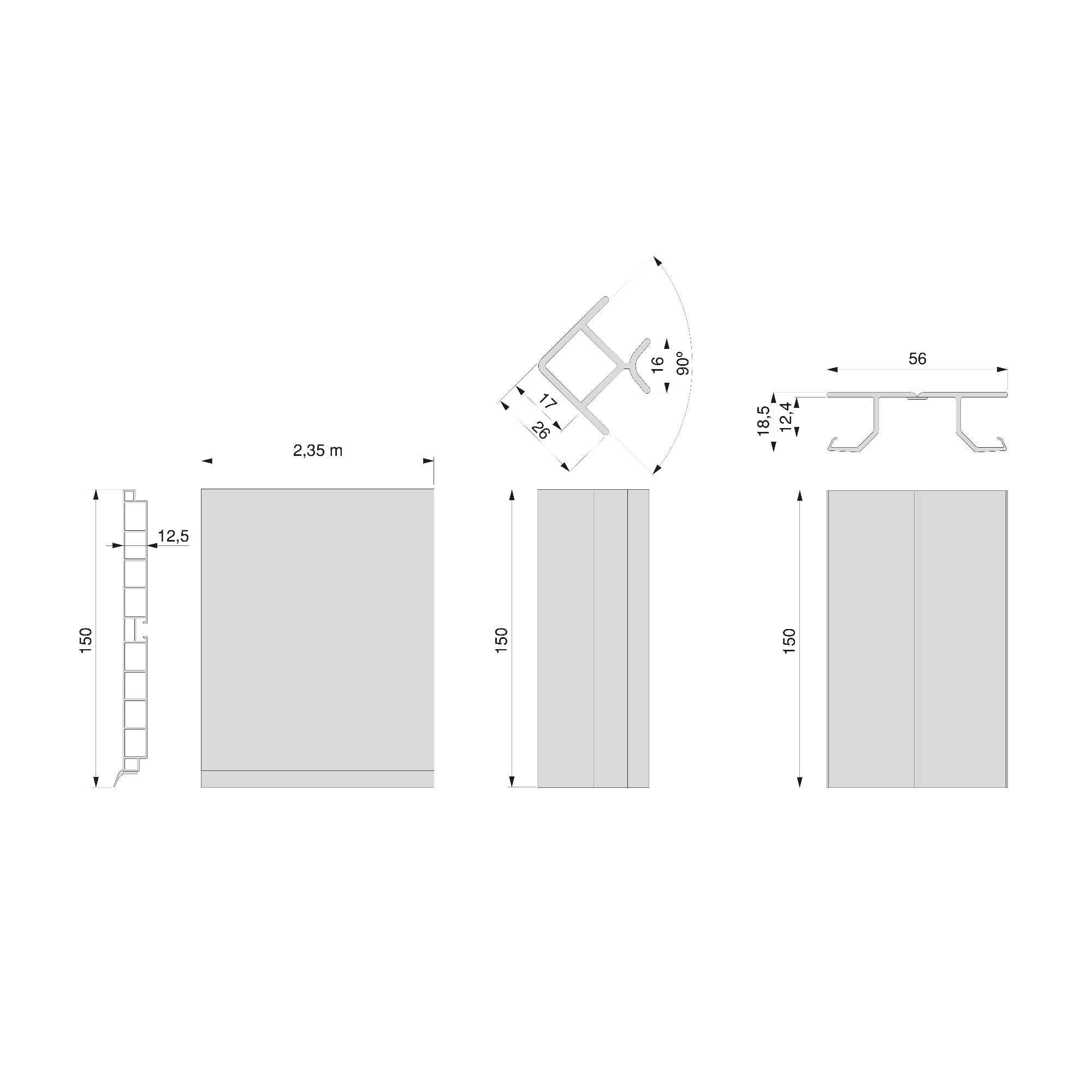 Kit de zócalos para cocina Plasline con accesorios de unión, Altura 150 mm, 2 barras de 2,35 m, Anodizado satinado, Plástico
