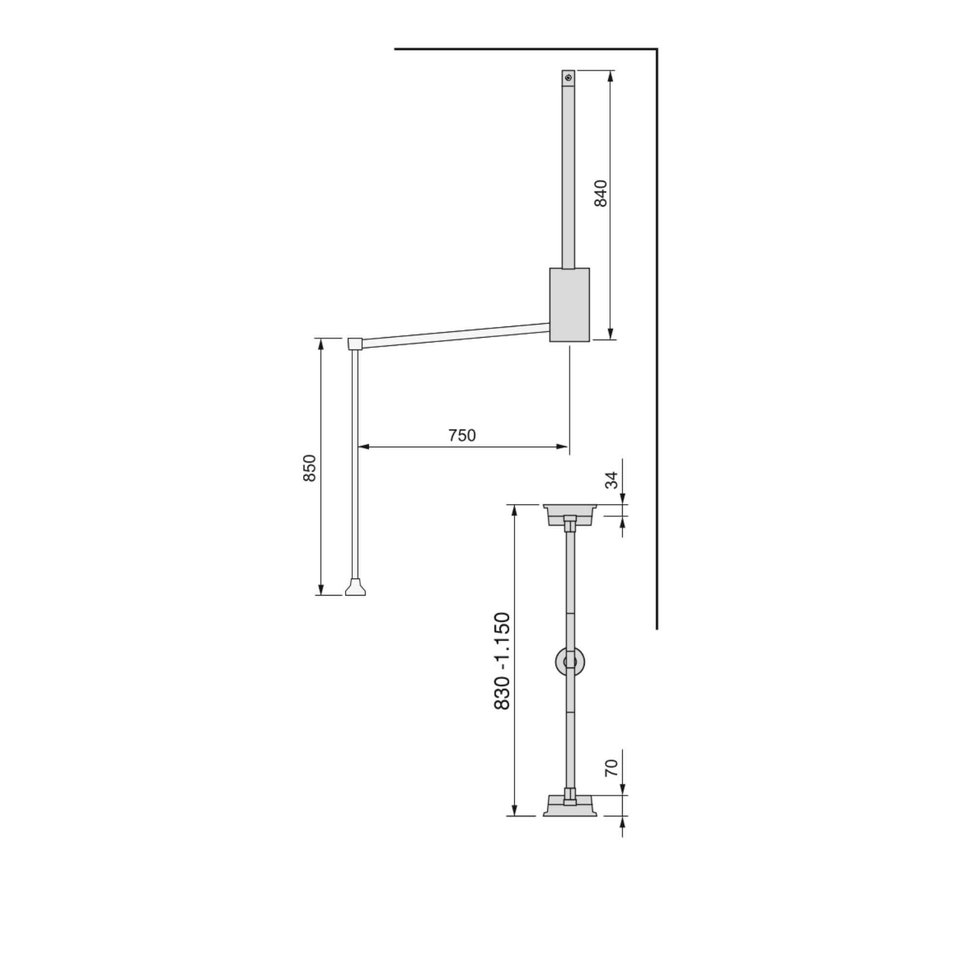 Colgador abatible para armario Hang, 830 - 1150, Pintado negro, Acero y Plástico
