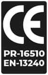 CE: marcado europeo que acredita que el producto cumple con los requisitos legales y técnicos. PR-16510: Norma Europea para aparatos independientes que utilizan combustibles sólidos. Esta norma entrará en vigor en los próximos años. EN-13240: Norma Europea para estufas que utilizan combustibles sólidos. CE/EN-13240/PR-16510