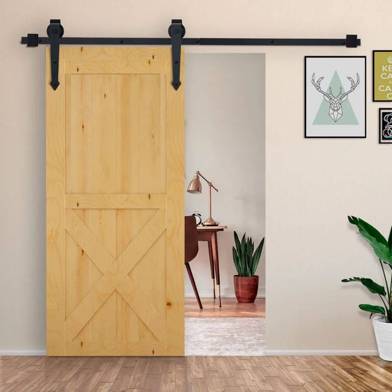 200cm/6.6FT Herraje para Puerta Corredera Tipo Flecha Kit de Accesorios para Puerta Corrediza Granero de Madera con Guía de Suelo Riel Acero al Carbono Negro